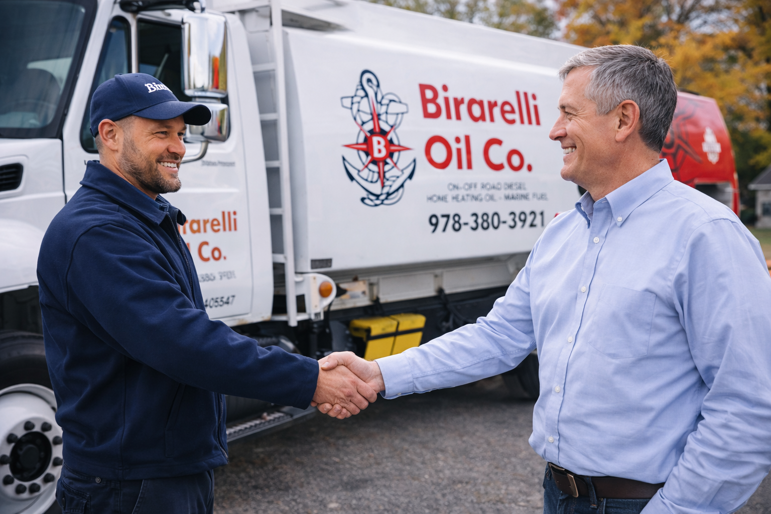 Two men shaking hands in front of a Birarelli Oil Co. delivery truck.