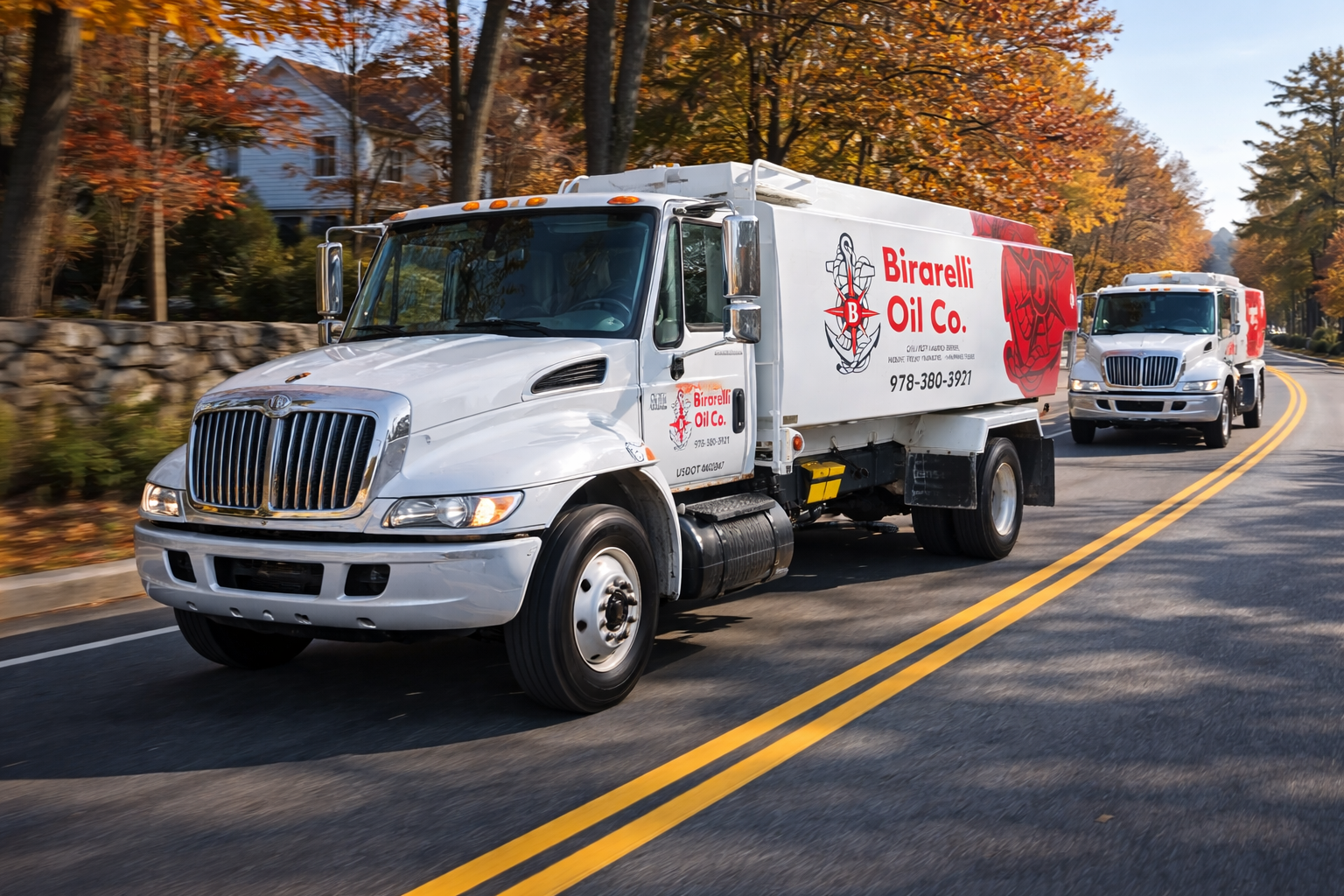 White oil delivery trucks on a two-lane road with yellow dividing lines, surrounded by trees with orange and yellow fall foliage.