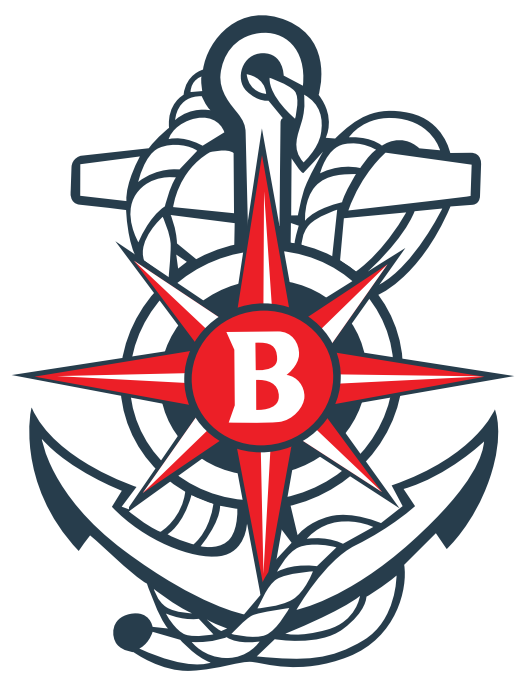 A nautical-themed logo featuring an anchor, a rope, and a red compass rose with a white letter 'B' in the center.