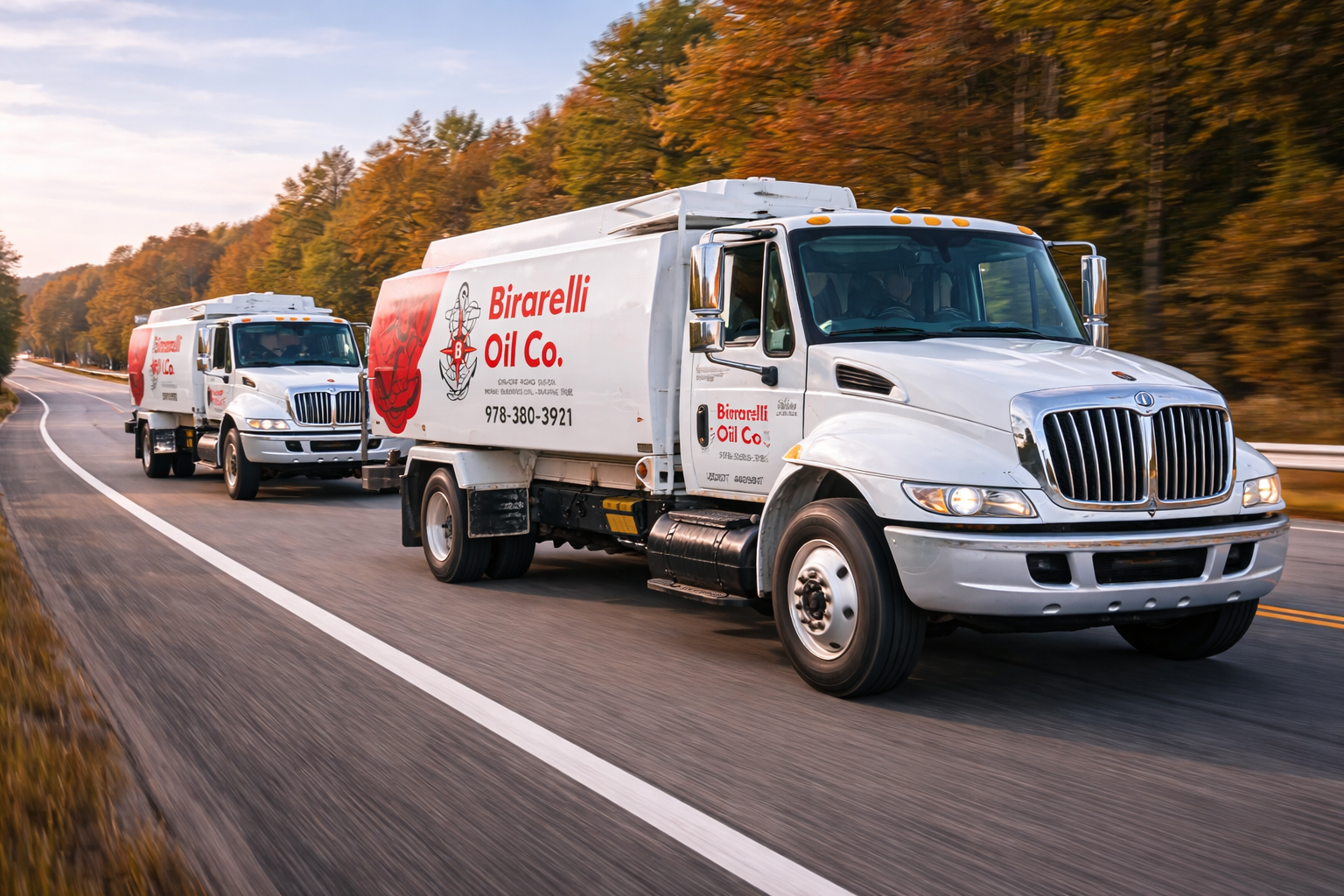 Two Birarelli Oil Co. fuel trucks driving on a curving two-lane road through a forest with autumn-colored trees.