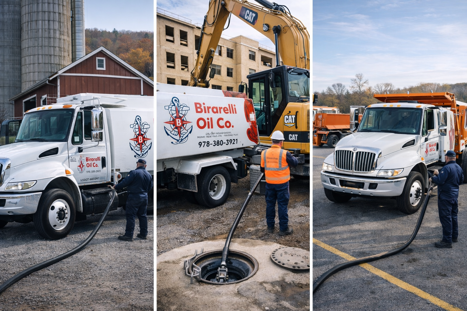 Workers using a pump hose to extract or transfer liquid from a tank truck marked 'Birelli Oil Co.' at a construction site and parking lot with construction equipment and buildings in the background.