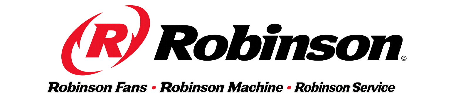 Robinson logo with red and black text and slogan about fans, machines, and service.
