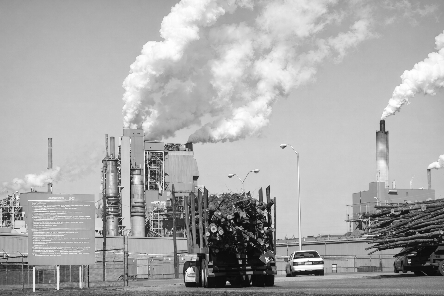 An industrial area with factories emitting large clouds of smoke, loaded logs and trucks in the foreground, and cars parked near a fence, all in black and white.