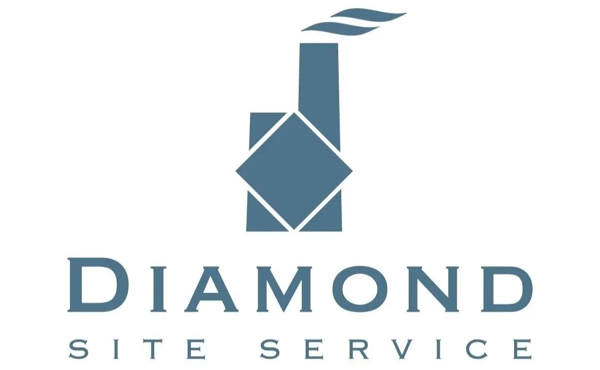 Logo featuring a stylized diamond shape with a chimney emitting smoke above it, and the words "Diamond Site Service" beneath, in blue
