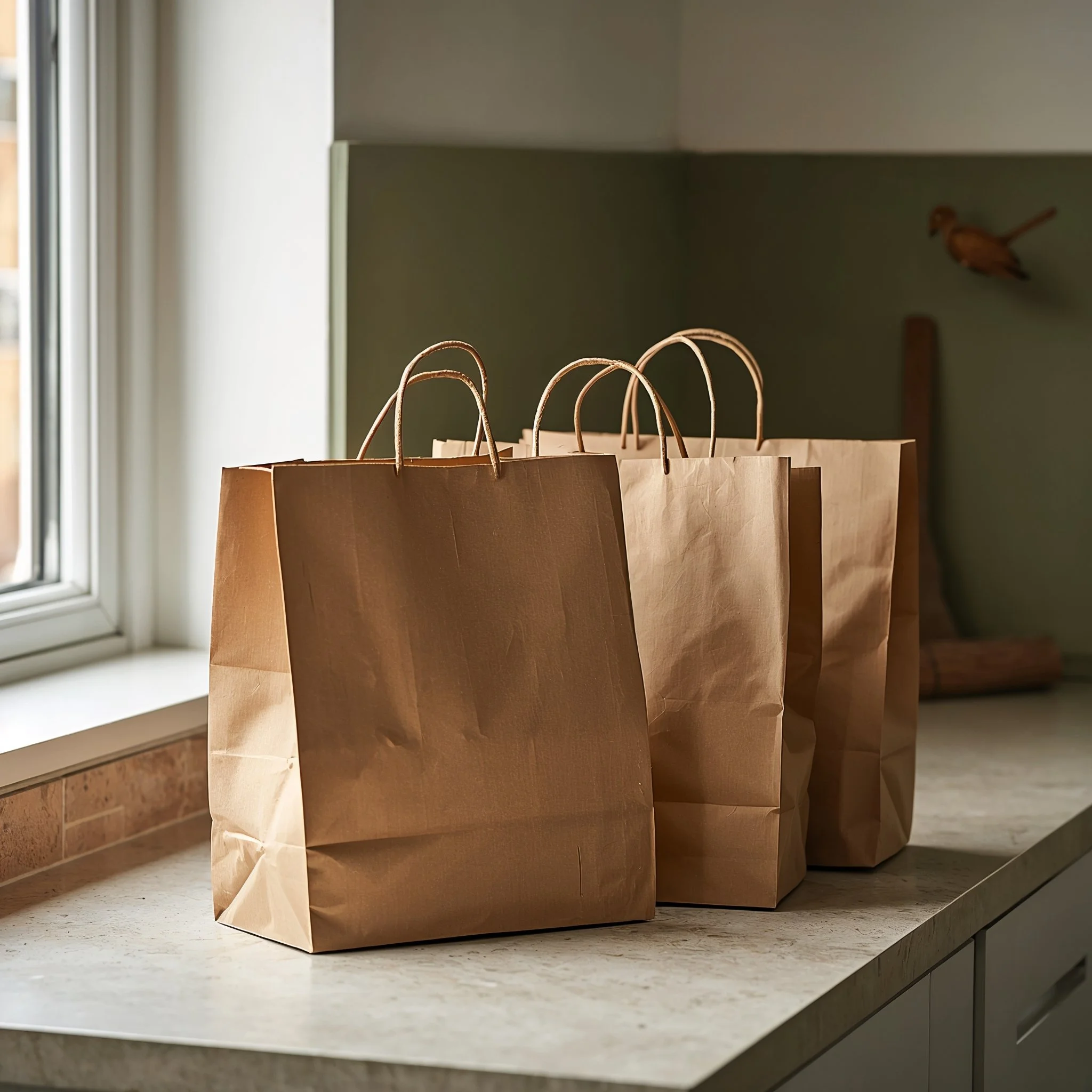 Three brown paper shopping bags on a kitchen countertop near a window.