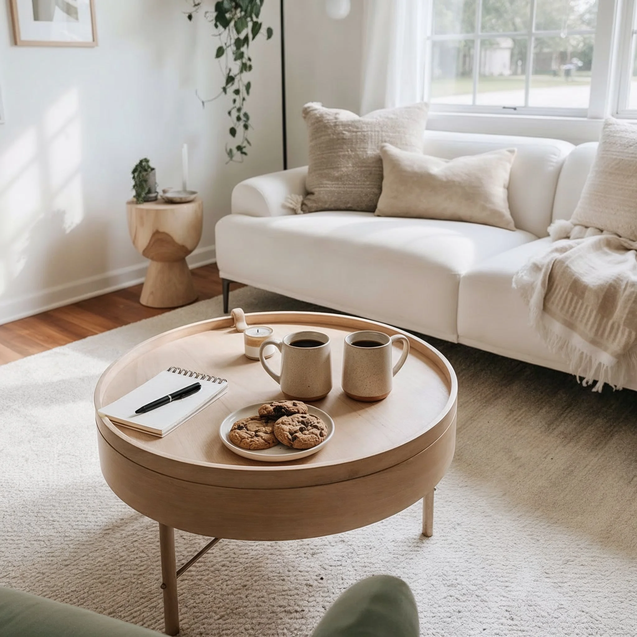 Living room with a white sofa, beige pillows, coffee table with cookies and coffee mugs, and natural light
