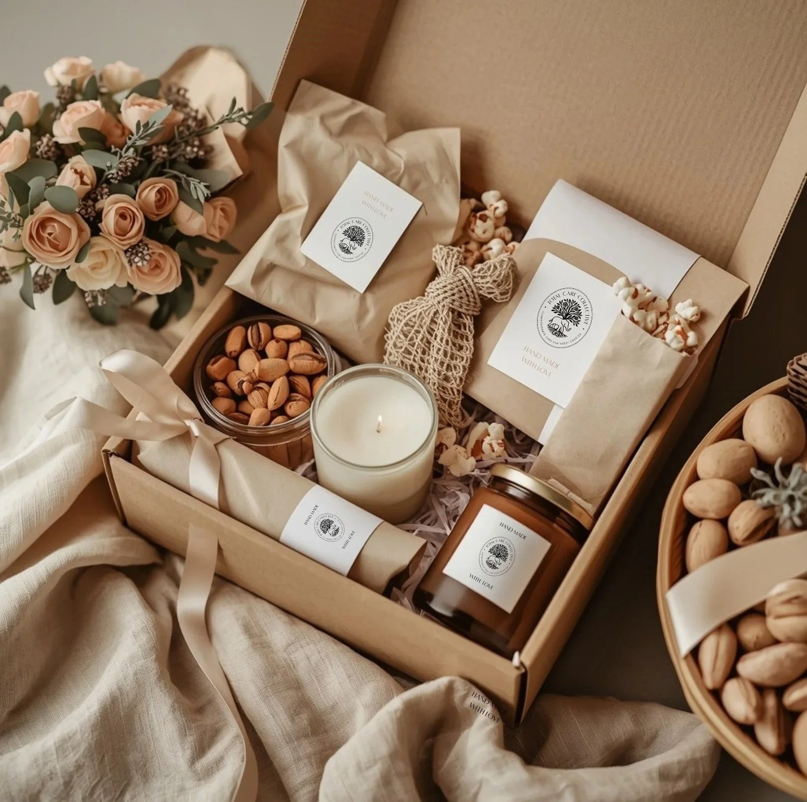Gift box with candles, almonds, soap, and flower arrangements.
