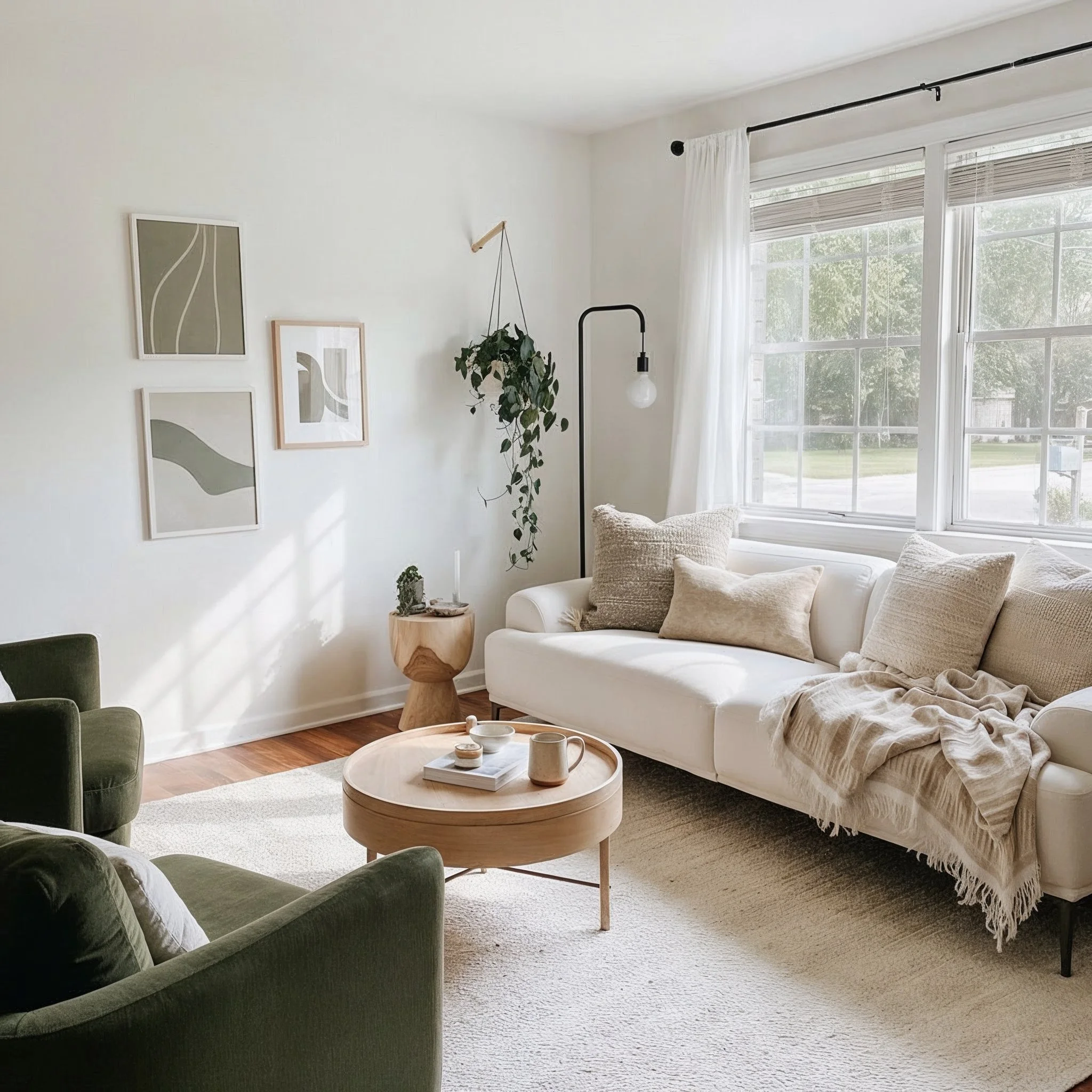 Bright living room with a white sofa with beige cushions, a round wooden coffee table with cups and plates, green armchairs, hanging plants, wall art, a floor lamp with an exposed bulb, large windows with white curtains and views of a green yard outside.
