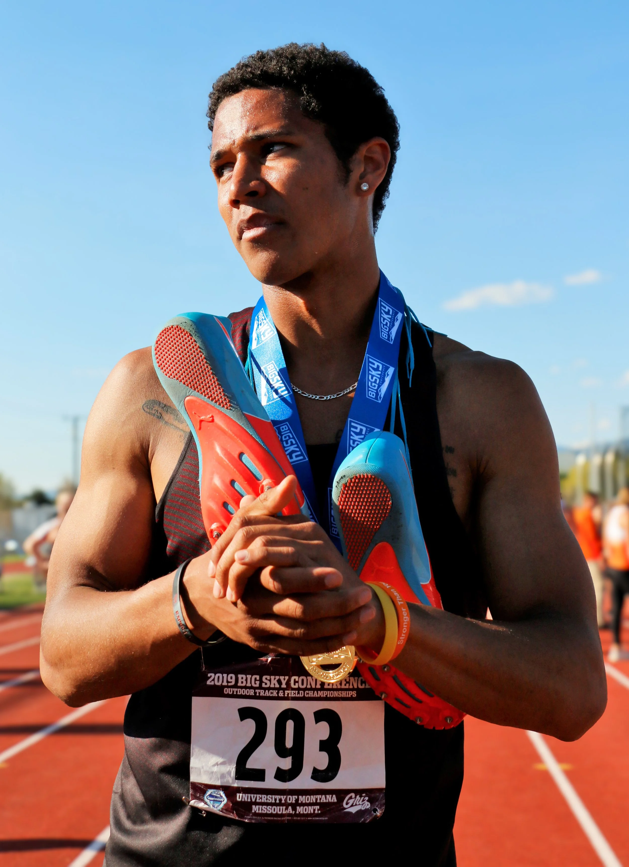 University of Montana sprinter Sterling Reneau after winning the 4x400 meter relay at the 2019 Big Sky Conference Outdoor Track & Field Championships in Missoula, Mont. In this final race of his collegiate career, Sterling and his teammates set a new