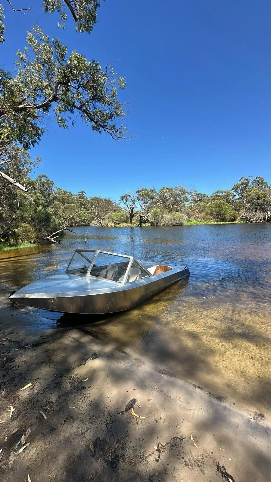 A small metallic boat is partially in the water and on the shore of a lake, surrounded by trees with clear blue skies overhead.