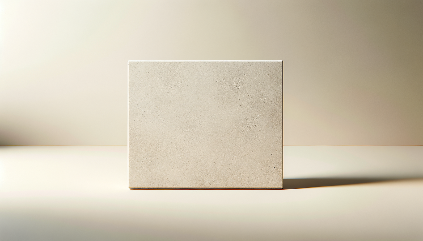 A plain beige square block on a smooth surface with a neutral background.