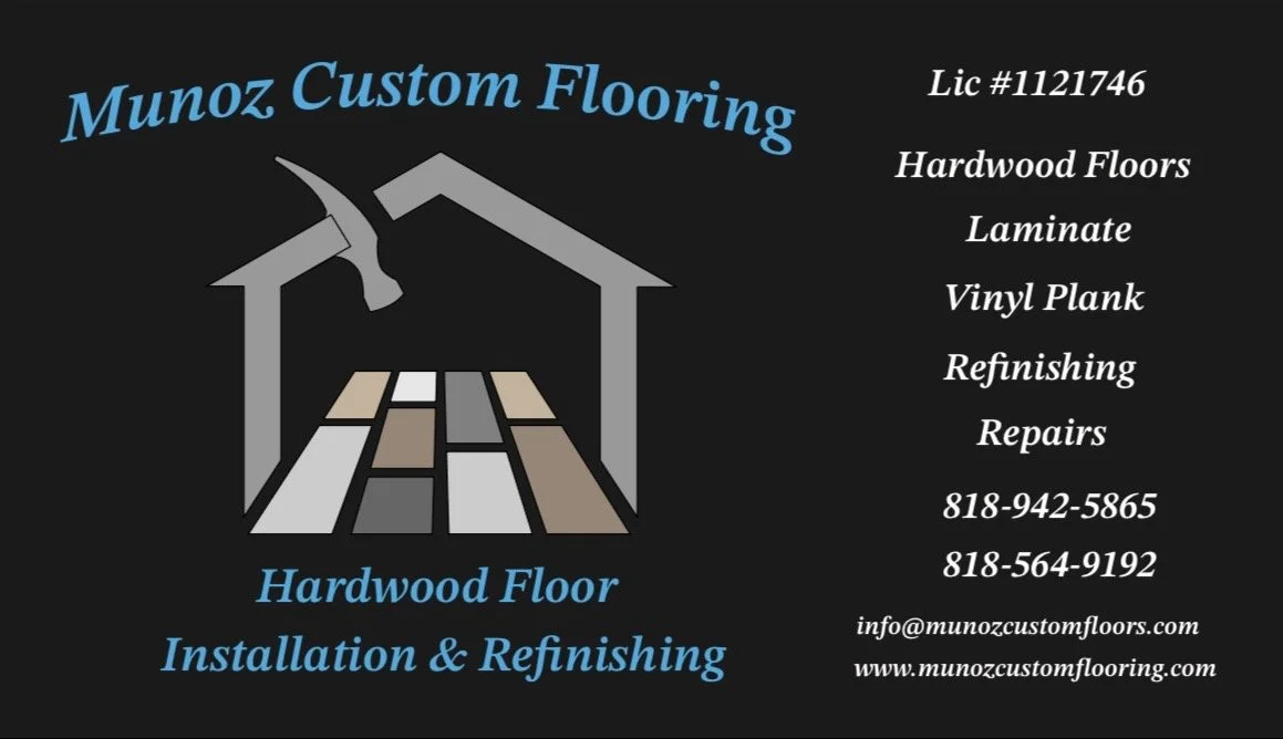 Business card for Munoz Custom Flooring featuring a stylized house with hardwood flooring illustration. Text includes services like hardwood floor installation, refinishing, and repairs, along with contact information.