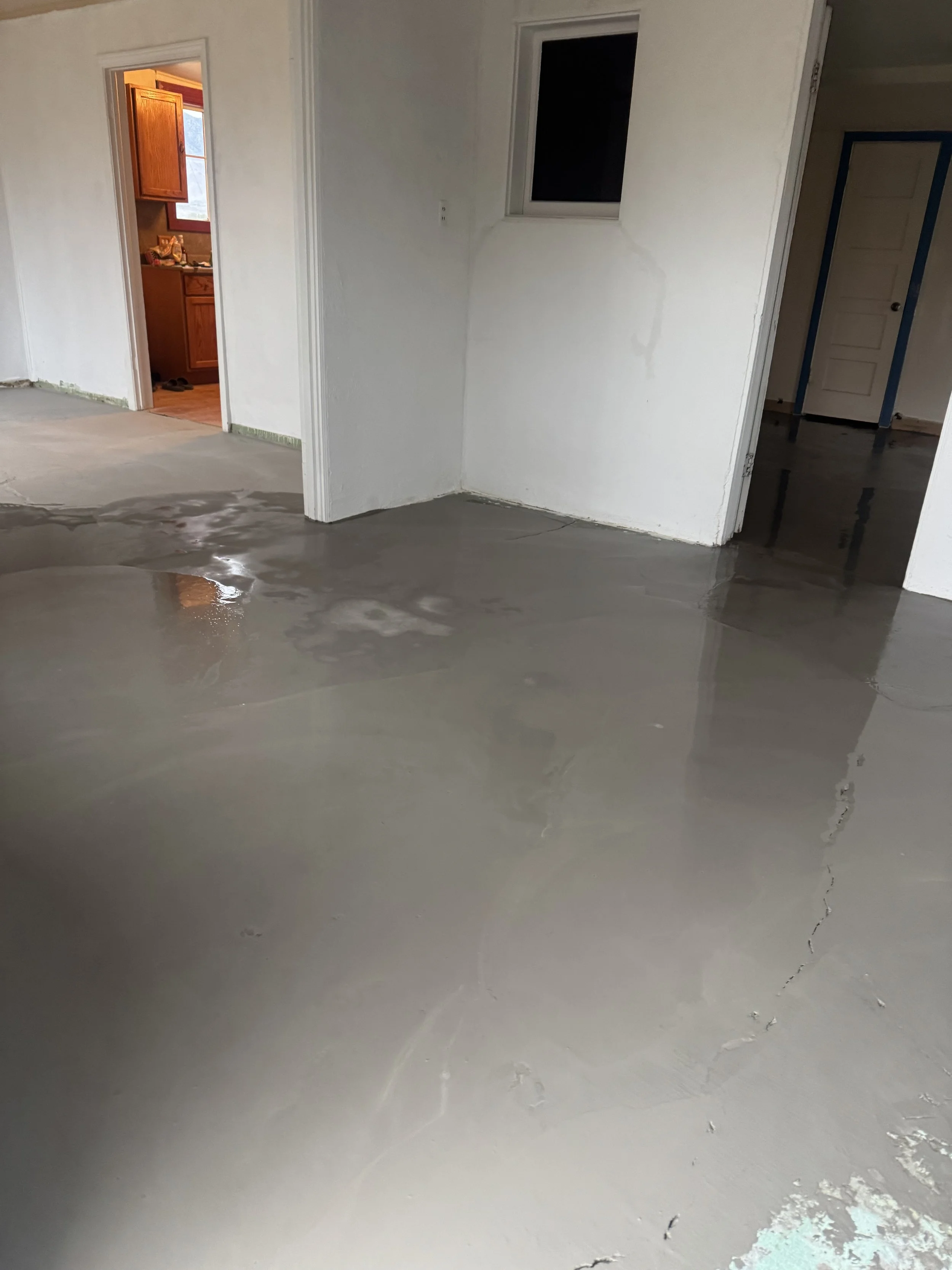 Interior of a room with a freshly poured concrete floor with visible cracks and water spots, white walls, an open door leading to a kitchen, a small window, and an additional door in the background.
