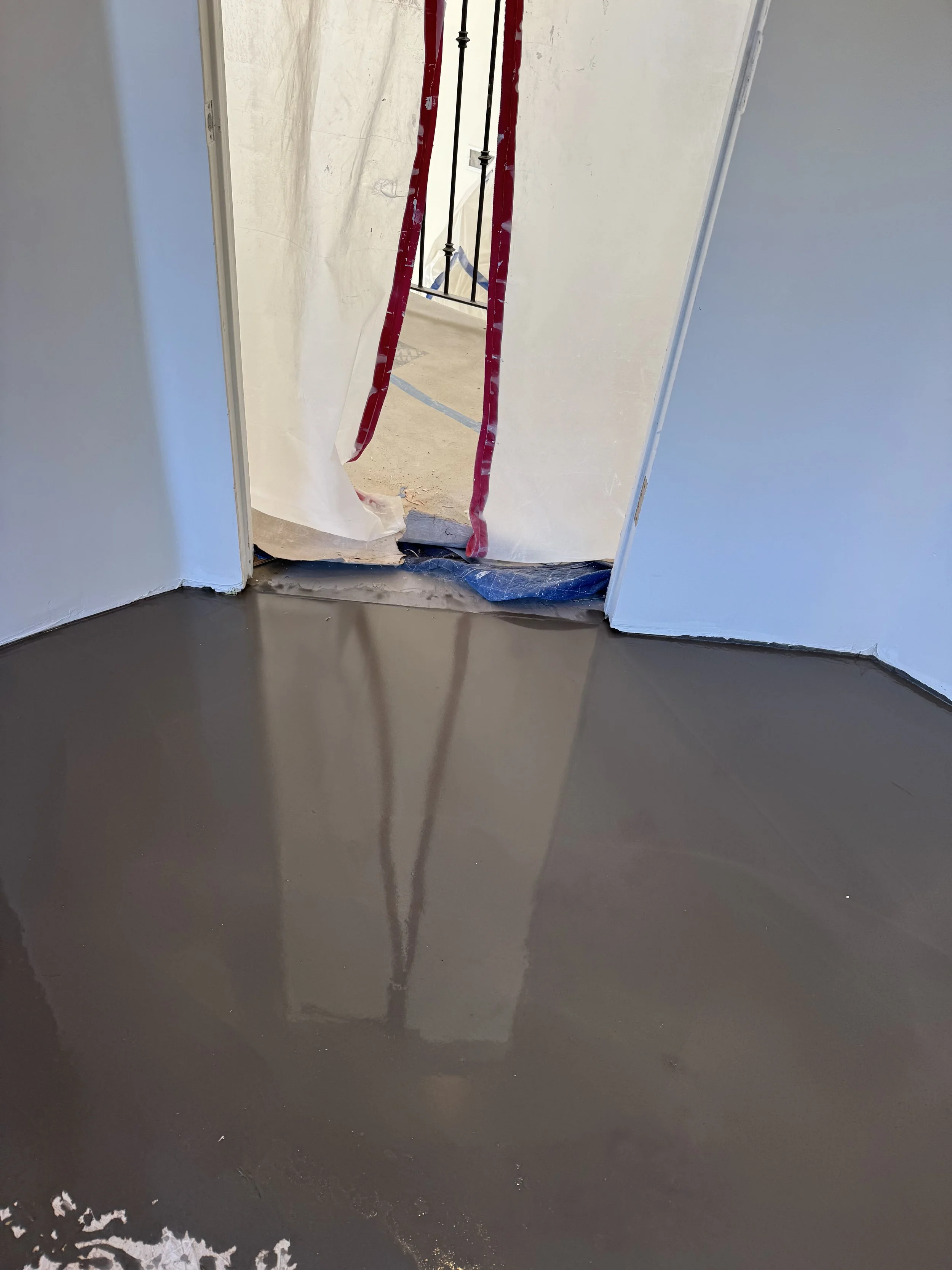 Newly painted dark gray or black floor with the reflection of the door frame. The doorway is temporarily covered with protective plastic sheeting taped around the door frame, and there is a stairway visible through the opening.