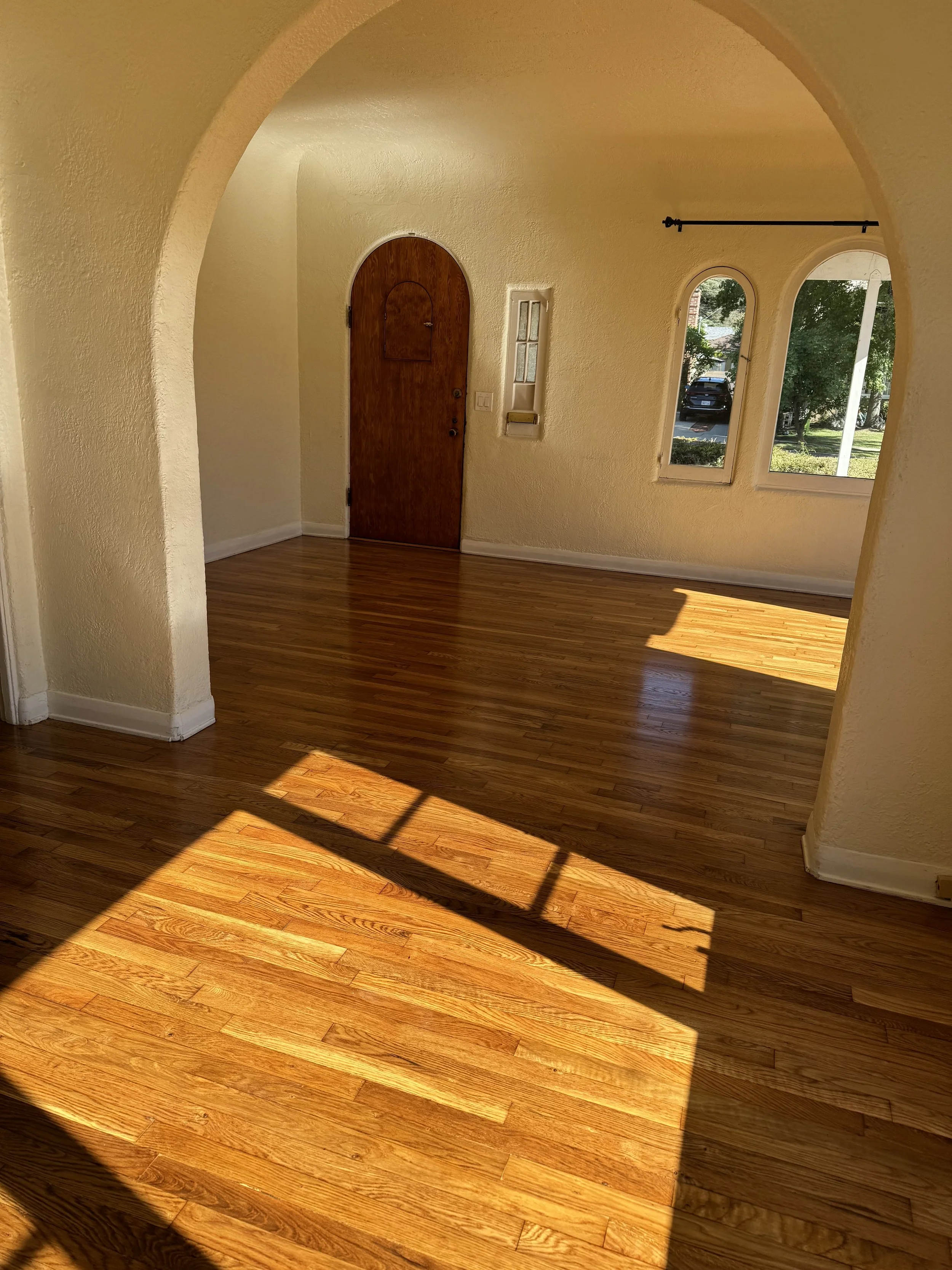 Empty room with hardwood floors, arched doorway, and windows allowing sunlight to cast shadows on the floor.
