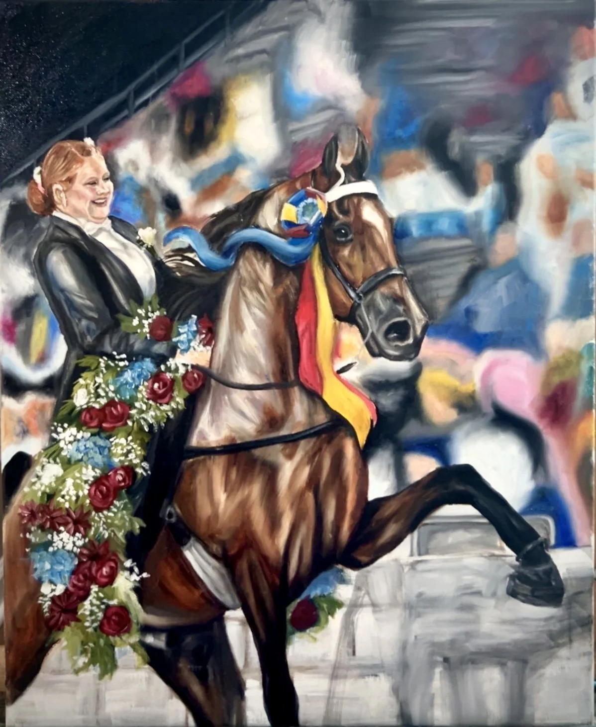 Painting of a woman riding a horse in a race, with colorful background, showing the horse jumping over a hurdle, decorated with flowers and wearing a yellow and red ribbon.