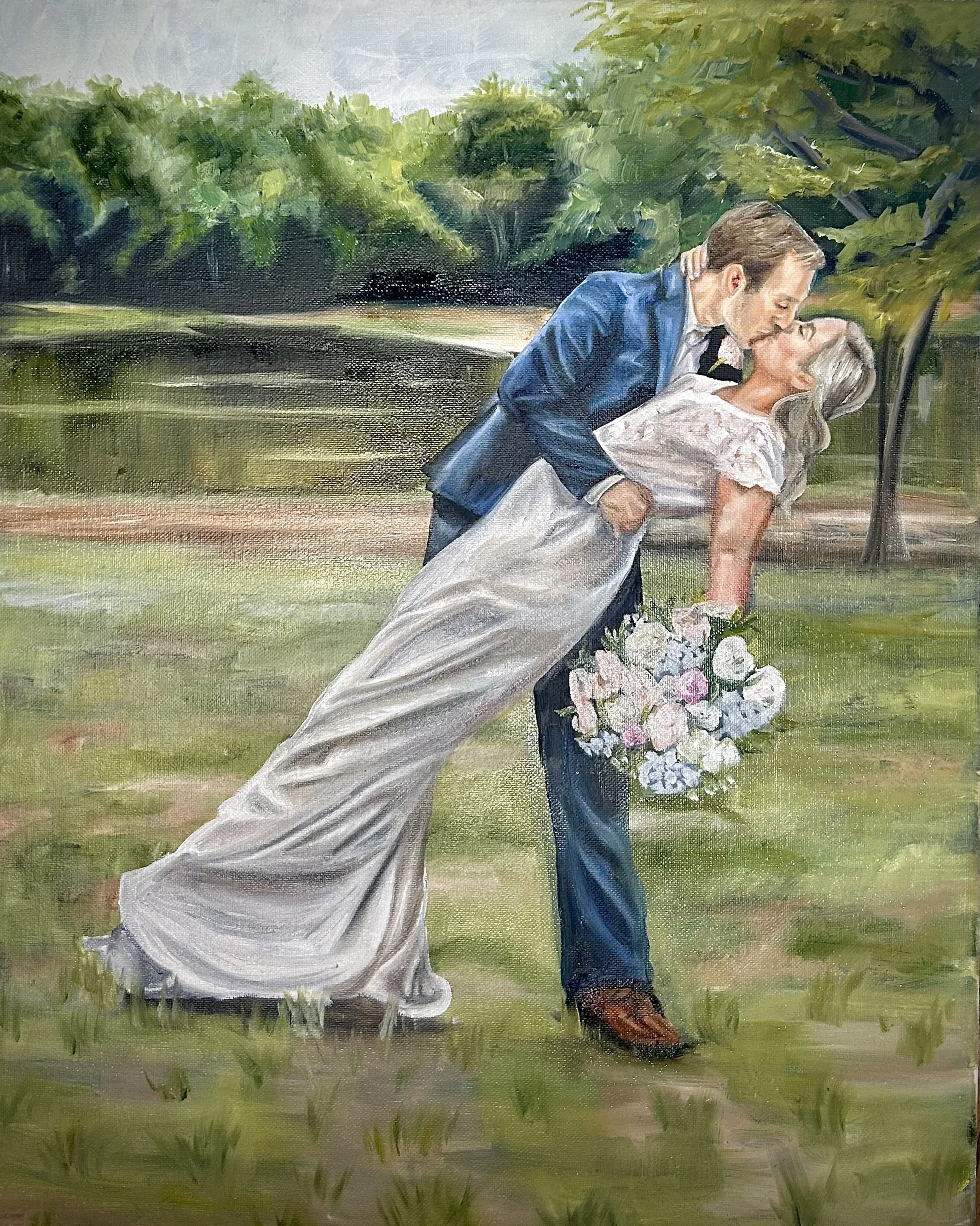 A painting of a wedding scene with a groom dipping and kissing a bride outdoors by a lake, holding a bouquet of flowers.
