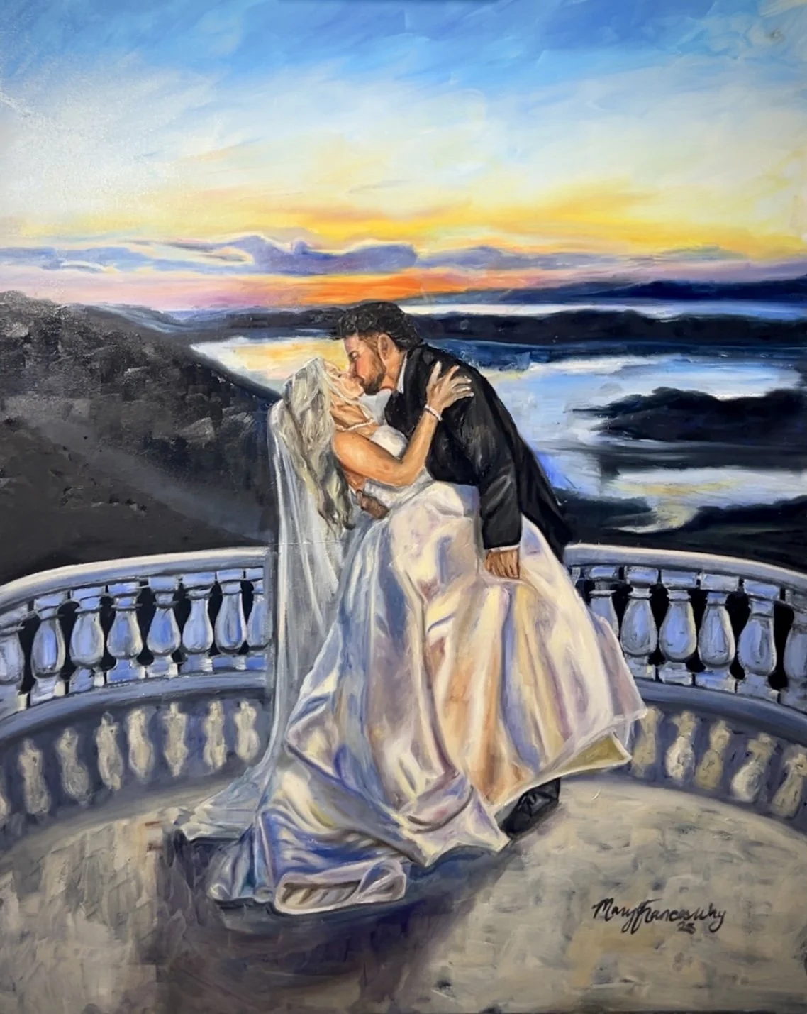A romantic painting depicting a couple on a balcony at sunset, with the man kissing the woman on the forehead. The woman is in a white dress and veil, and the man is in a black jacket. The sunset over water and mountains is in the background.
