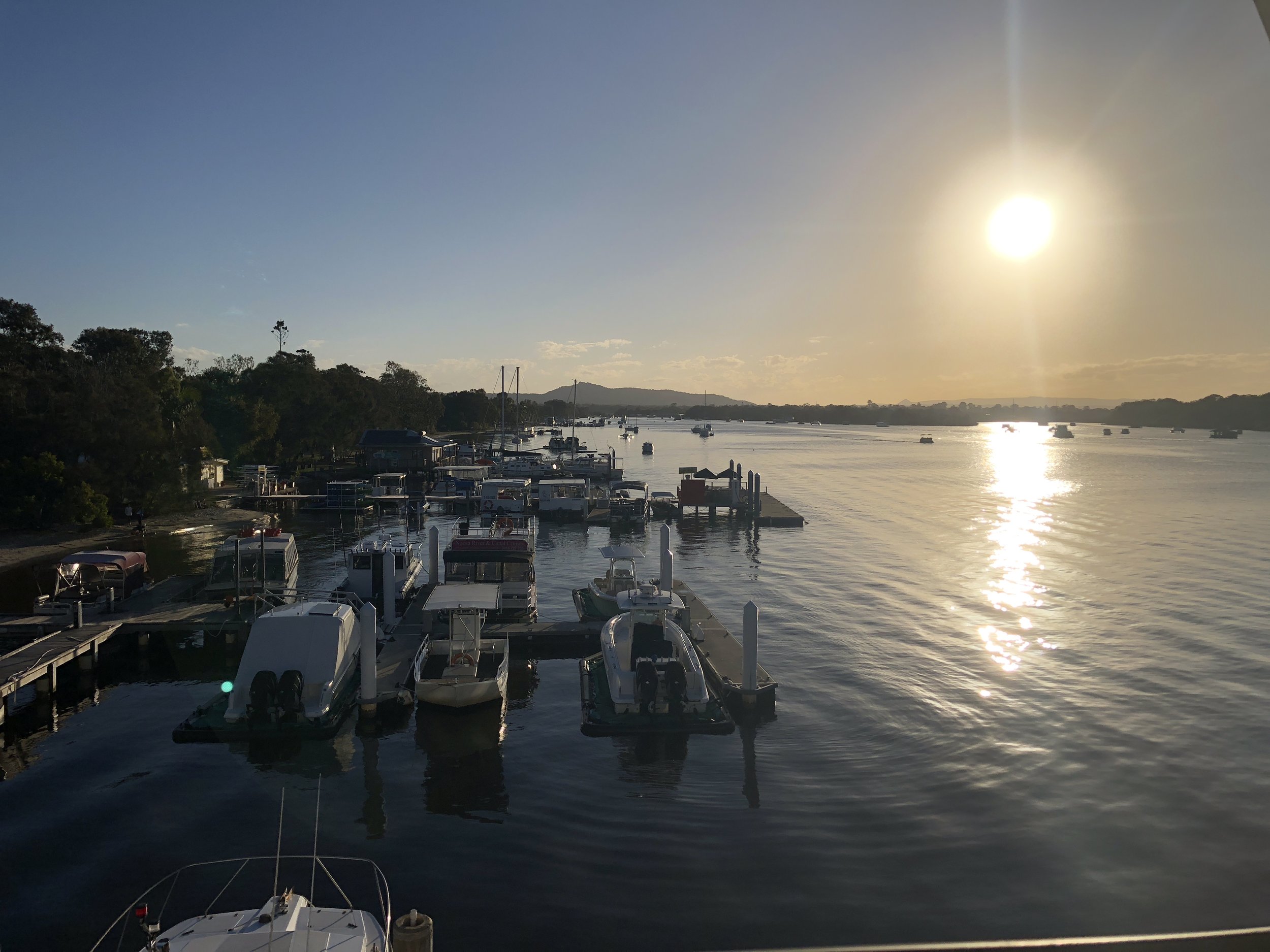 Sunset over a marina with boats docked along the pier and on the water, trees on the shoreline, and hills in the distance.