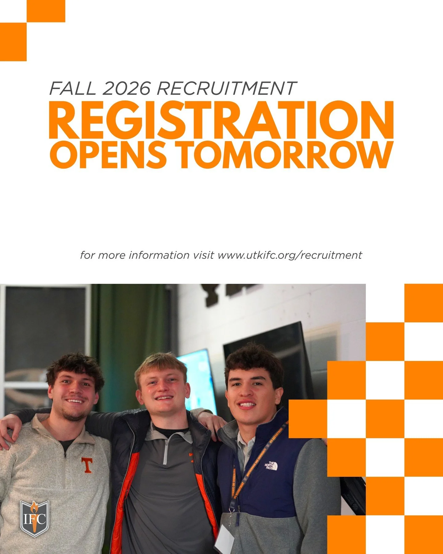 Fall 2026 recruitment registration opens tomorrow 🔥 Be on the lookout for more posts and information coming soon! 

For more information visit www.utkifc.org or click the link in our bio.
