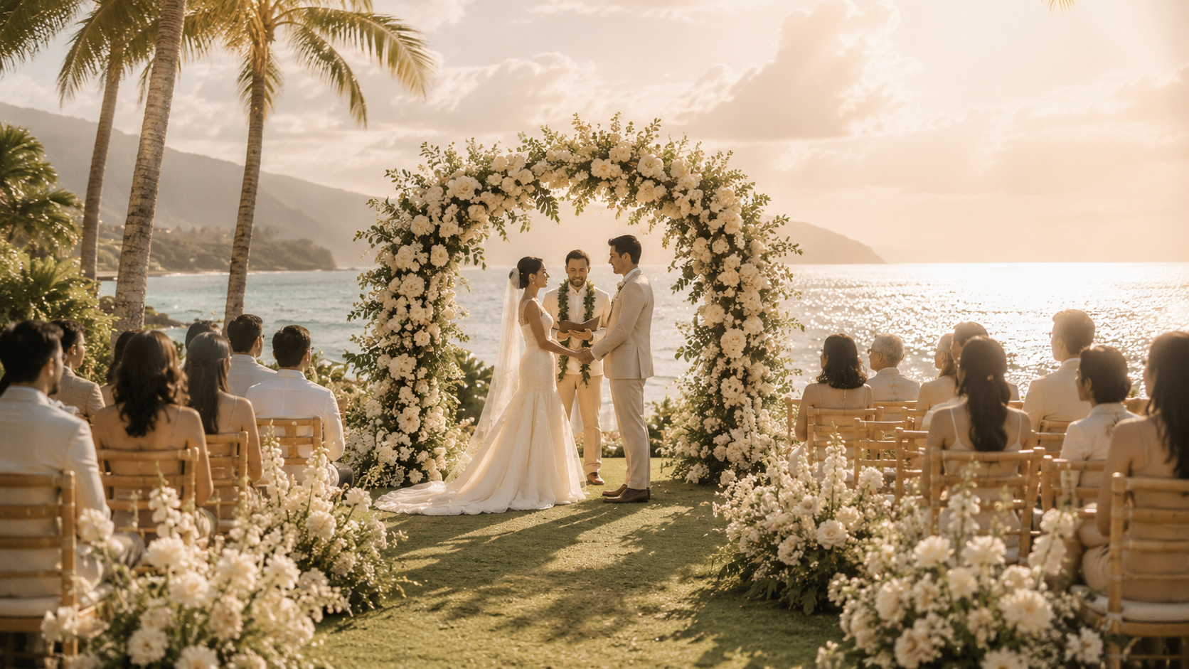 Couple getting married in front of the beach