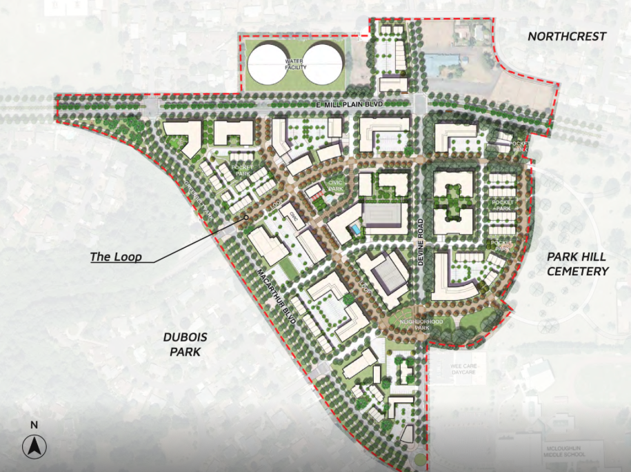 A detailed site plan showing a residential development with streets, parks, and water facilities, bordered by Dubois Park, Park Hill Cemetery, and Northcrest.
