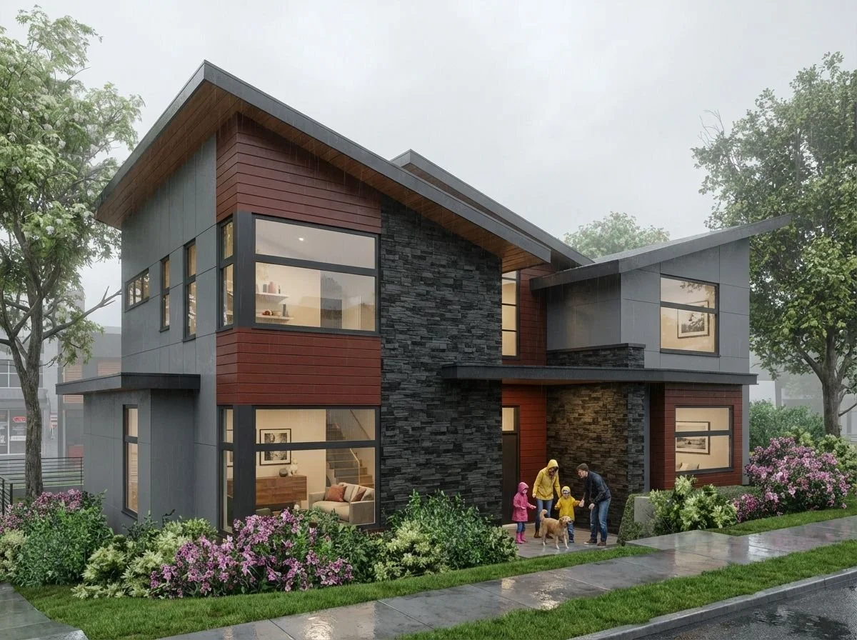 Modern two-story house with gray and red exterior, large windows, and landscaped front yard with flowering bushes. Family with two children and a dog are standing at the entrance on a rainy day.