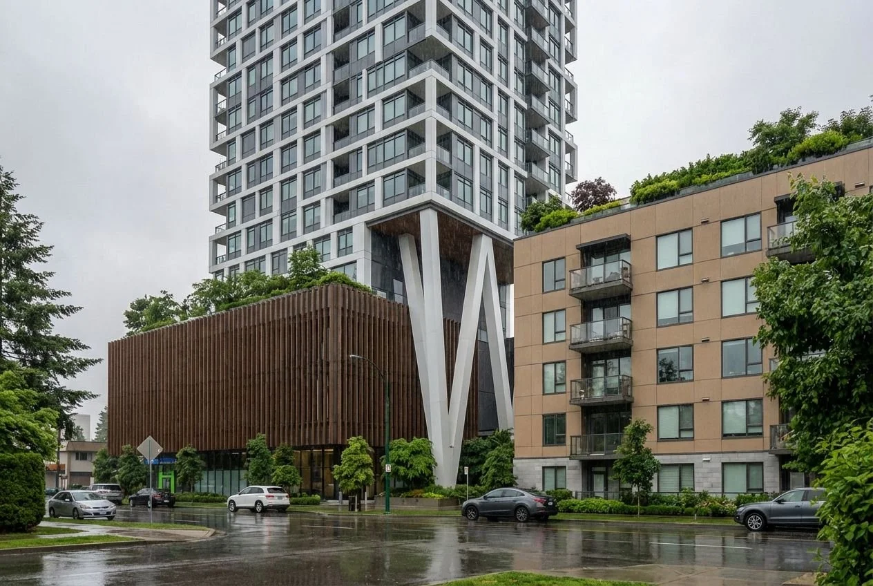 A modern high-rise building with a slender tower dominates an urban streetscape in Burnaby, British Columbia.