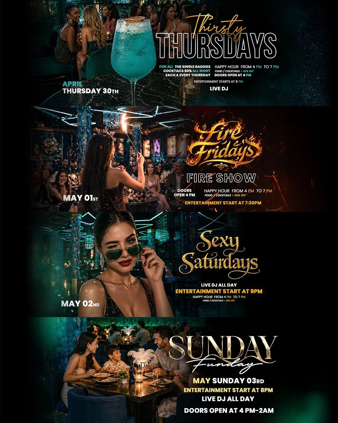 4 nights. 4 different energies. One destination. ✨

From Thirsty Thursdays to Fire Fridays, Sexy Saturdays and Sunday Funday&hellip;
ESSENCE is where the night evolves into an experience.

Cocktails, live DJs, shows, and a vibe you won&rsquo;t find a