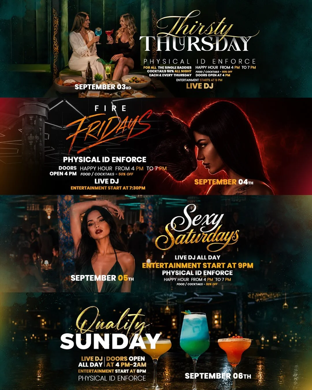 This week, the energy lives at Essence. ✨

Thirsty Thursday &bull; Fire Fridays &bull; Sexy Saturdays &bull; Quality Sundays

Dinner, cocktails, live DJs and unforgettable nights&mdash;September 3&ndash;6.

🍸 Happy Hour Thursday&ndash;Saturday | 4&n
