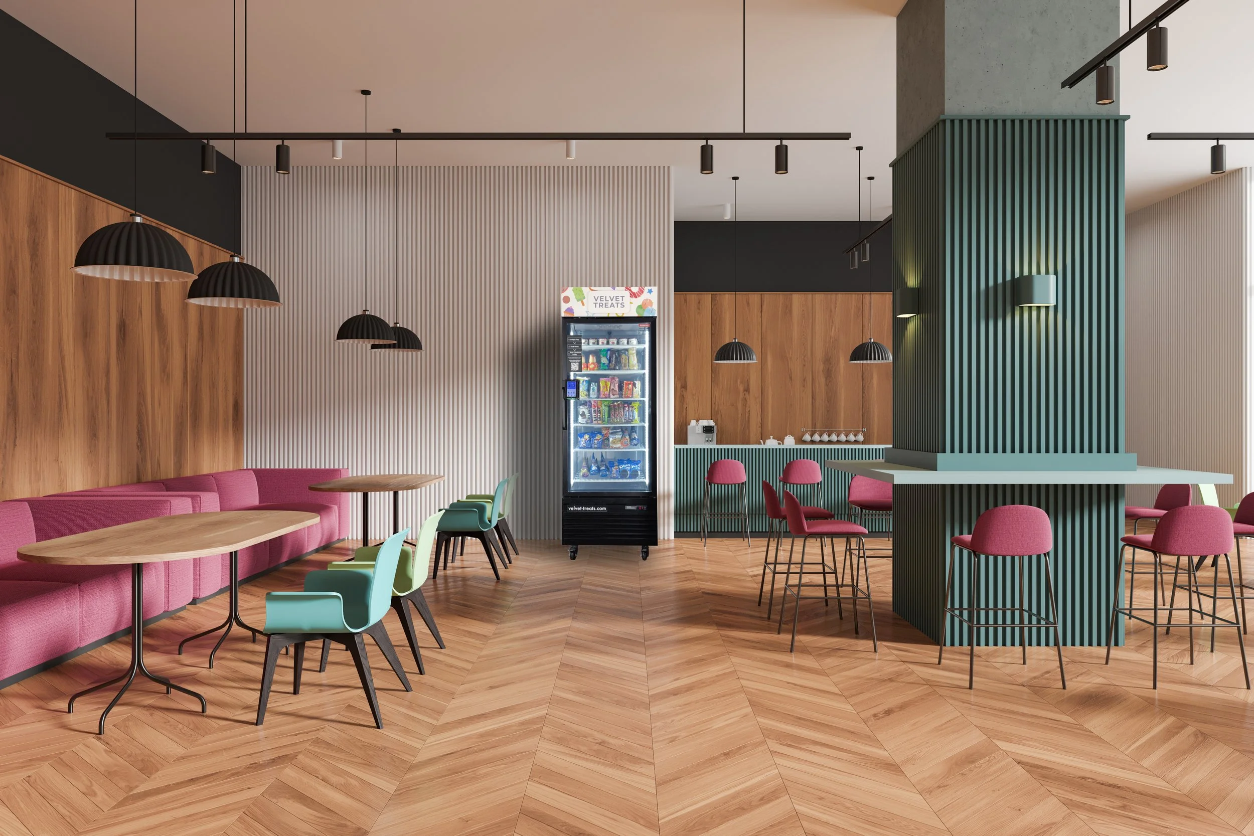 Image of a velvet treats vending machine in a public space.