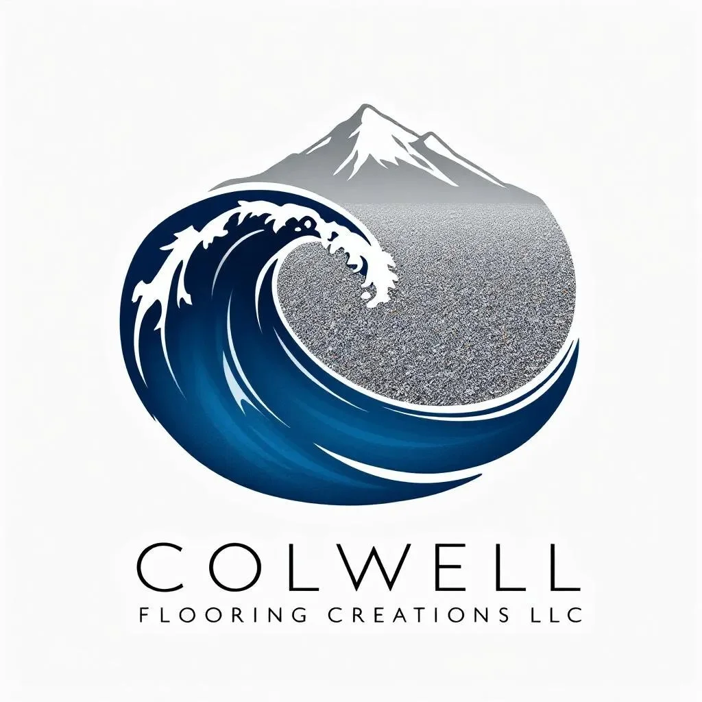 A logo featuring a mountain, a large wave, and the text 'COLWELL FLOORING CREATIONS LLC'.