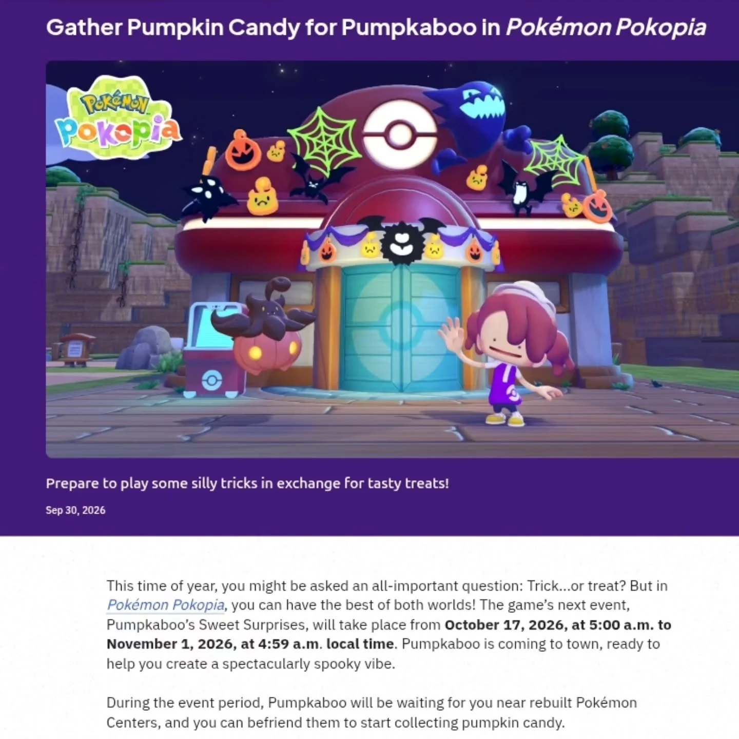 Just in time for our Pokopia Haunted House Community Rally on October 18th 2pm-6pm! Lets scare some pokemon and earn some treats! https://www.pokemon.com/us/news/gather-pumpkin-candy-for-pumpkaboo-in-pokemon-pokopia