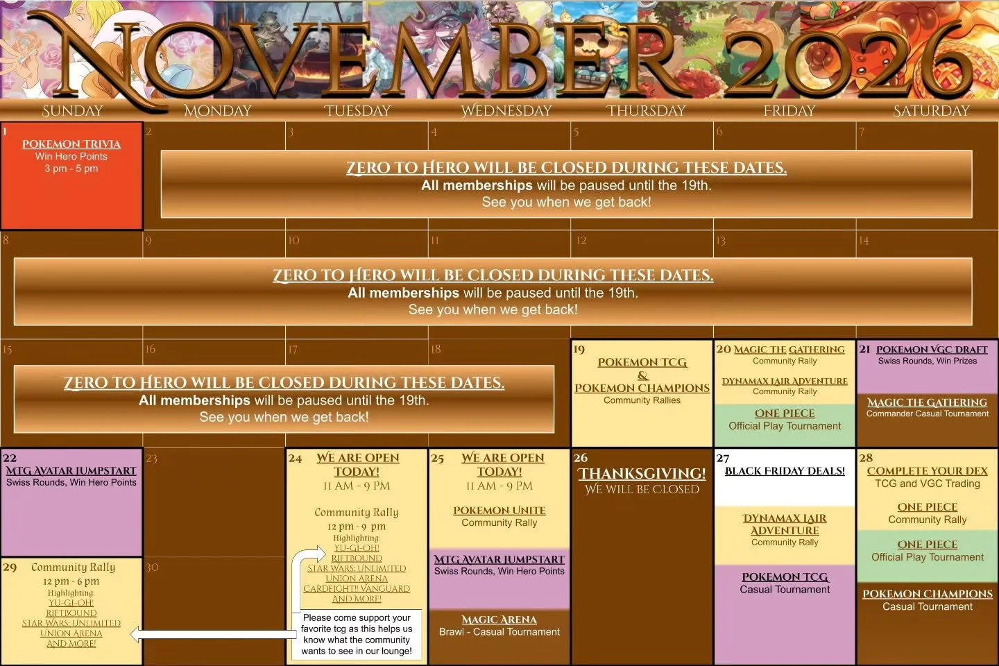November Calendar is here and ready to go! Don't forget you will be seeing more Organized Play events here at the lounge.