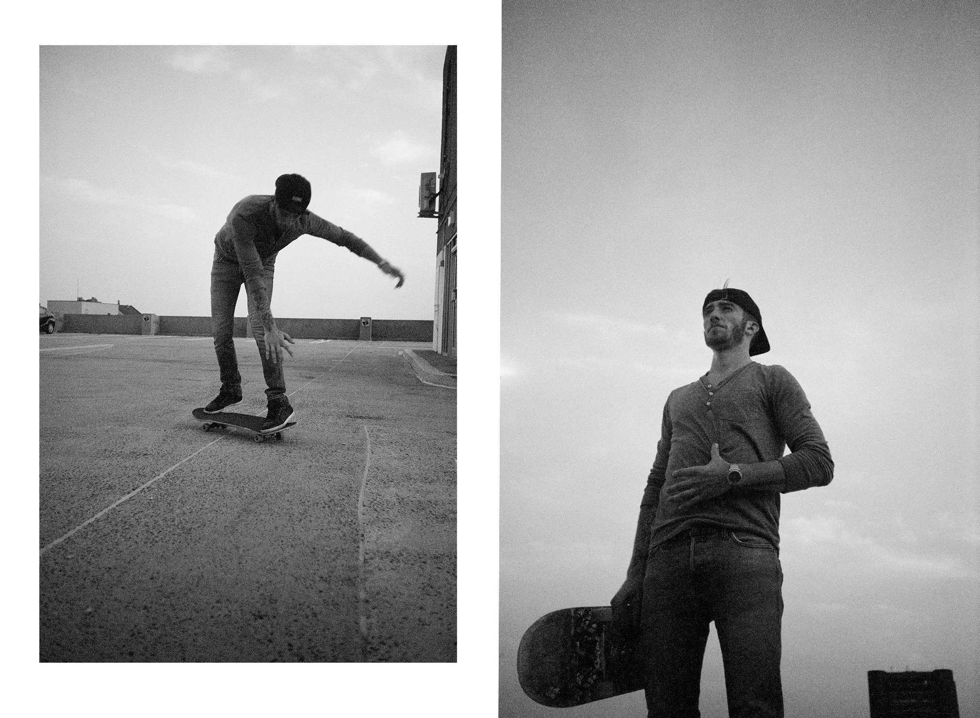 Dos fotografías en blanco y negro, la izquierda muestra a una persona haciendo un truco con su patineta en un espacio abierto, la derecha muestra a otra persona con un patineta en mano, de pie, con el cielo de fondo.