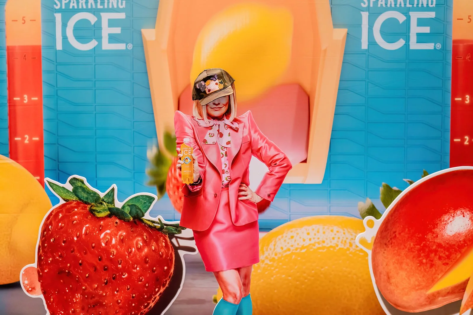 A person in a pink outfit standing in front of a vibrant backdrop with large images of strawberries, lemons, and peaches. The backdrop has a blue background with the words "Sparkling Ice" visible.