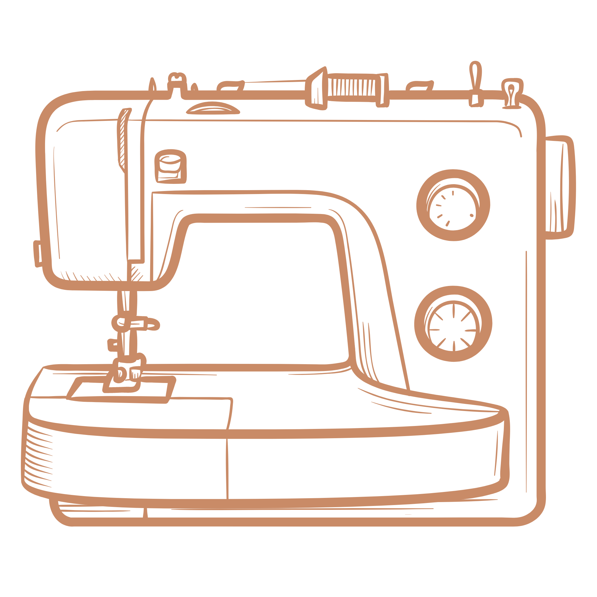 Line drawing of a vintage sewing machine in brown on a black background.