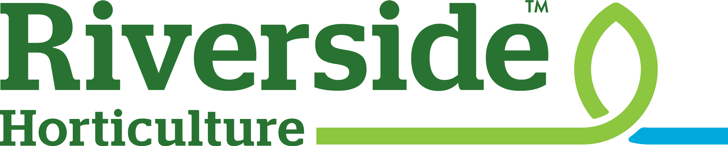 Logo of Riverside Horticulture with the name in green text, a green outline of a leaf, and a small blue water droplet.