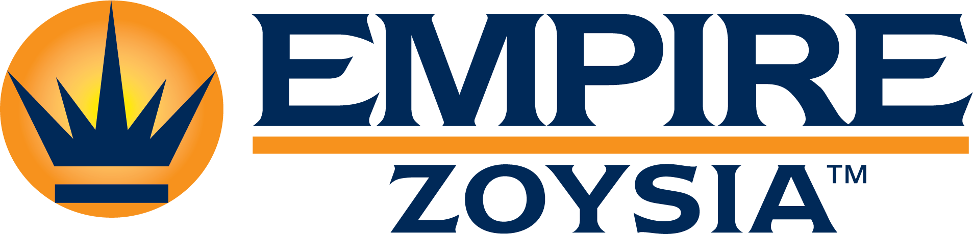 The logo of Empire Zoysia. With blue crown and orange background.