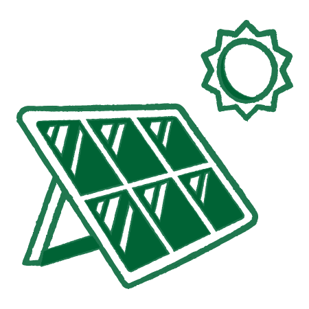 Line drawing of a solar panel with a sun icon in the top right corner.