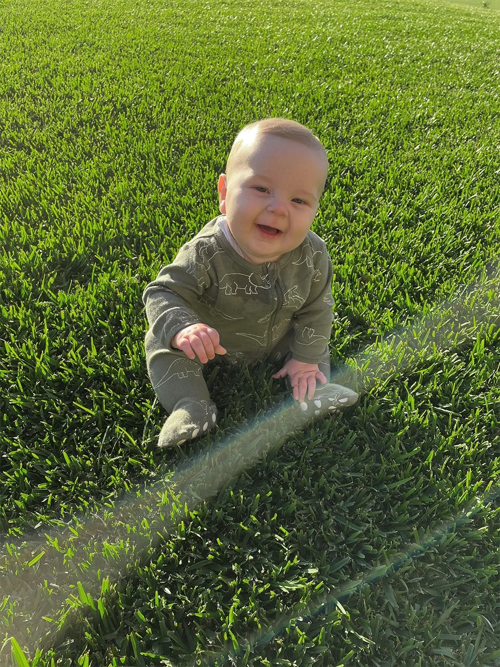 Cooper demonstrating the soft green lushness of Sir Walter Buffalo Grass.