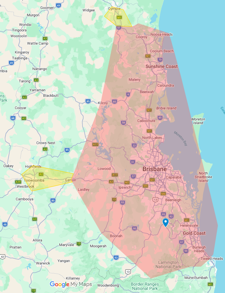Map showing the Brisbane area in Queensland, Australia, highlighting regions such as Sunshine Coast, Gold Coast, and North Lakes, with various roads and landmarks.