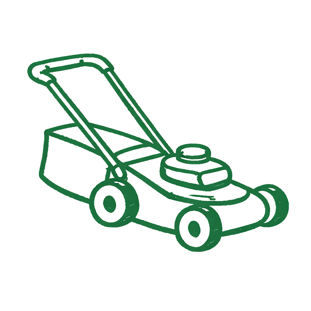 Line drawing of a lawn mower with a handle, body, and four wheels.