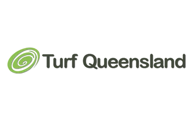 Turf Queen Island logo with a green rolled turf illustration and black text.