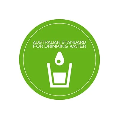 Green circular symbol indicating Australian standards for drinking water, with a droplet above a glass and the text 'Australian Standard for Drinking Water'.
