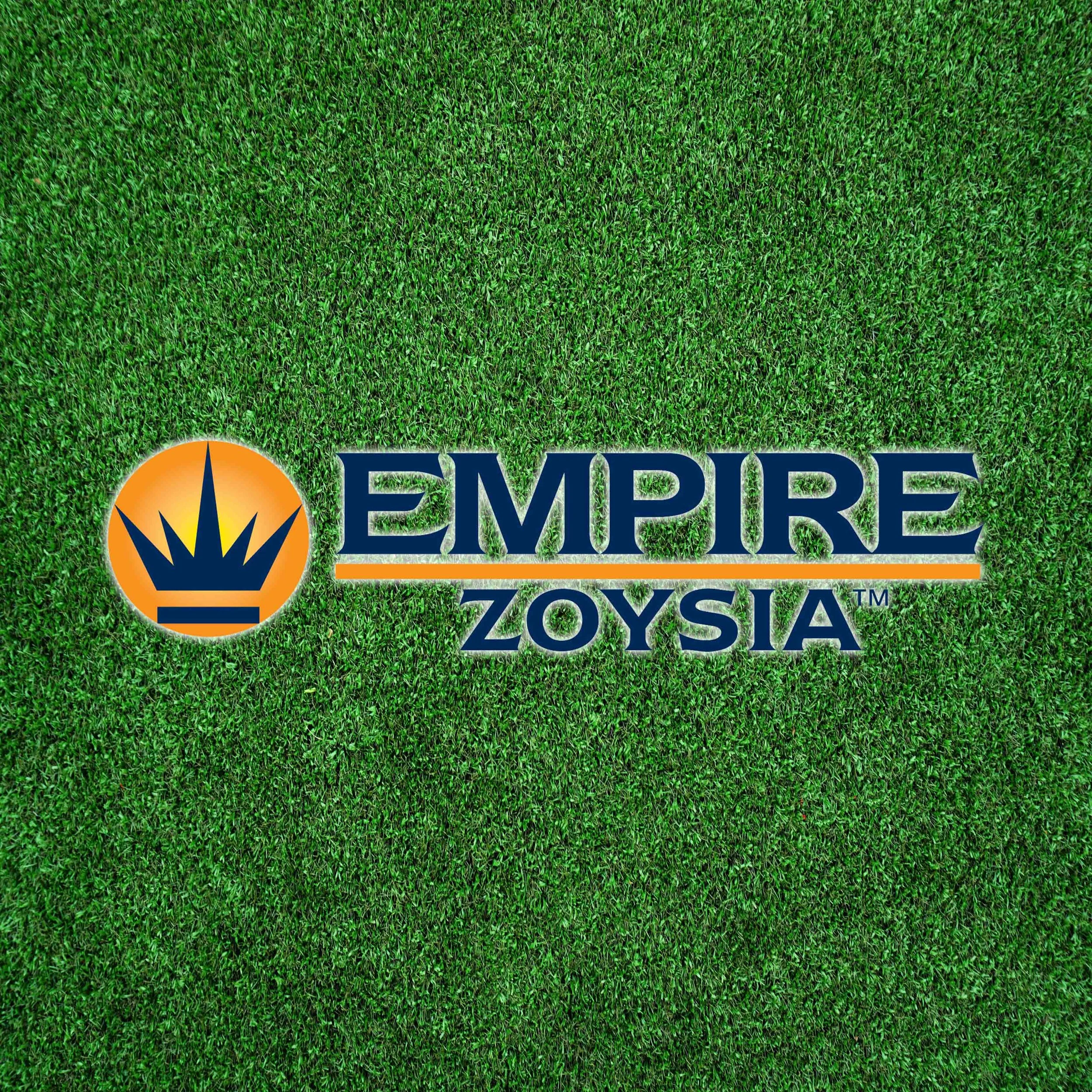Close-up of lush green grass with a logo and text for Empire Zoysia grass on the bottom left.