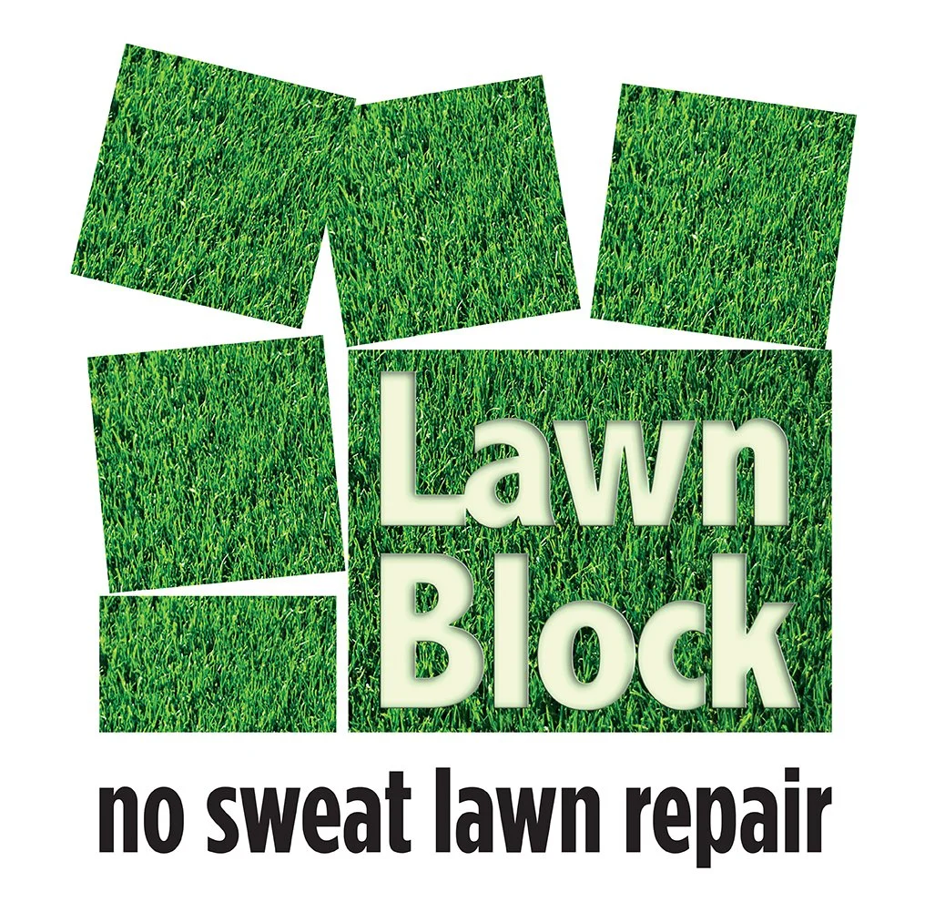 Graphic logo featuring a patchwork of green lawn images with the words 'Lawn Block' in large, bold letters and 'no sweat lawn repair' in smaller text below.