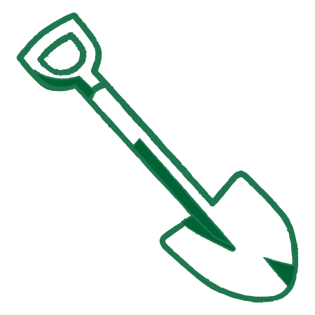 Illustration of a green shovel with a rounded handle and pointed blade.