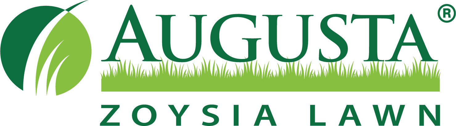 Logo for Augusta Zoysia Lawn, featuring a circular symbol with green and black curved lines resembling blades of grass, with the company name in green text and a green grass graphic beneath it.