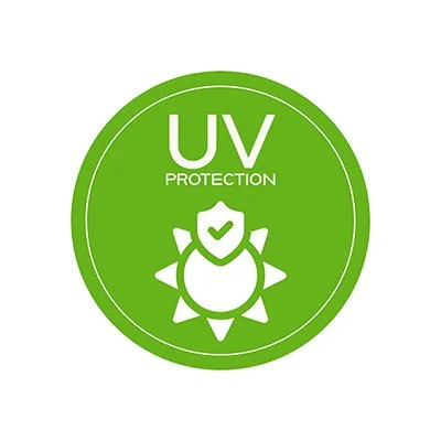 Green circular icon with a ladybug graphic and the text 'UV Protection'